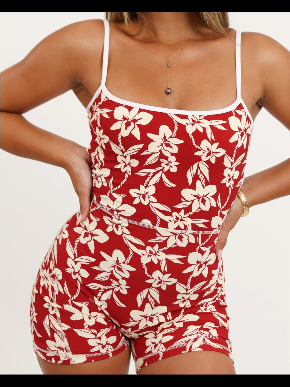 Benoa Swim Red & Cream Floral Ribbed Romper